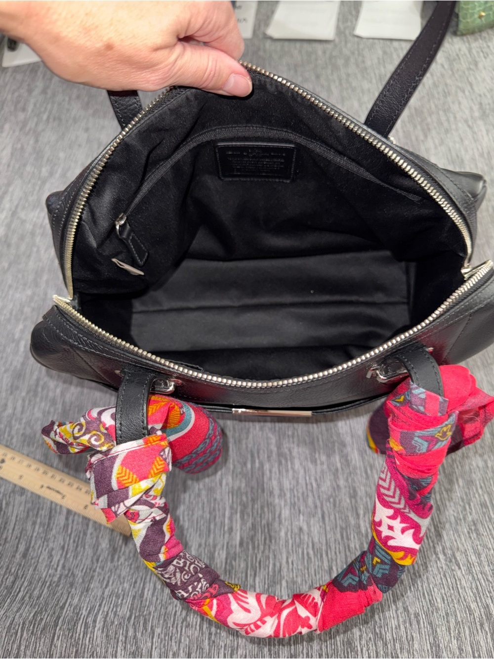 Coach Black Leather Taylor Satchel with Pink Scarf Accent - Picture 7 of 16